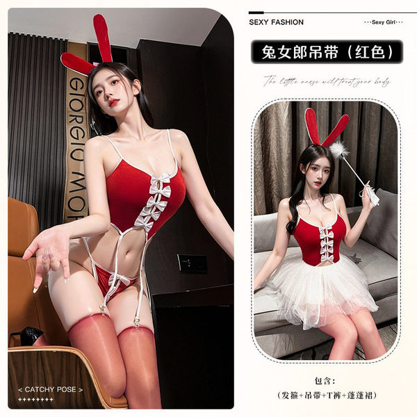 Sexy Velvet Bunny Girl Costume with Bow - Cute Christmas & New Year Outfit, Princess Tutu Dress - 8534 Red + Puffy Skirt