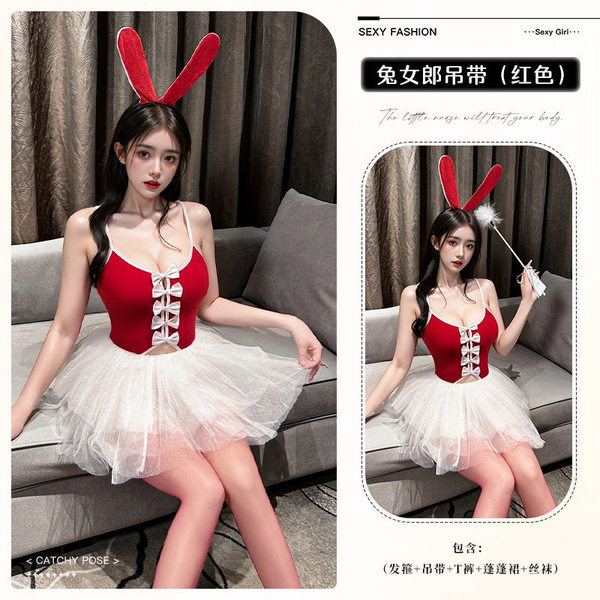 Sexy Velvet Bunny Girl Costume with Bow - Cute Christmas & New Year Outfit, Princess Tutu Dress - 8534 Red + Matching Stockings + Puffy Skirt