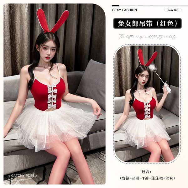 Lemon Tale Velvet Bunny Girl Costume - Sexy Cute New Year Christmas Princess Tutu Dress - 8534 Red + Matching Stockings + Puffy Skirt