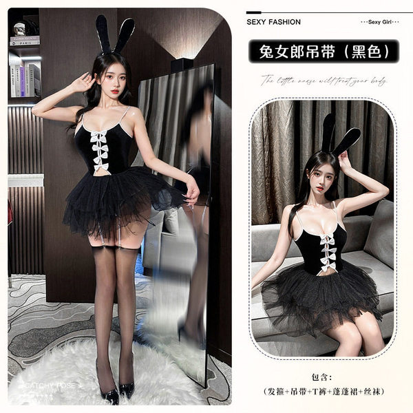Sexy Velvet Bunny Girl Costume with Bow - Cute Christmas & New Year Outfit, Princess Tutu Dress - 8534 Black + Matching Stockings + Puffy Skirt
