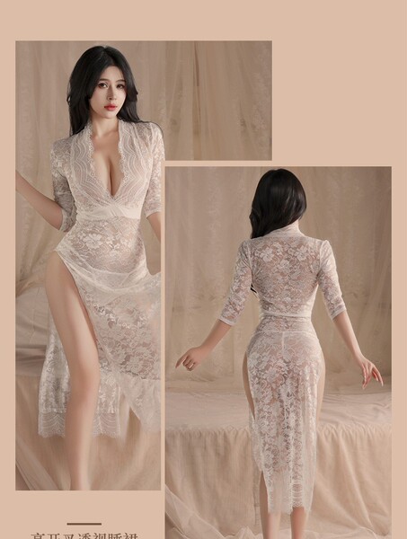 Plus Size Sexy Lingerie Dress - Sheer Mesh Transparent Sleepwear with Side Slit & Busty Cutout Design - White