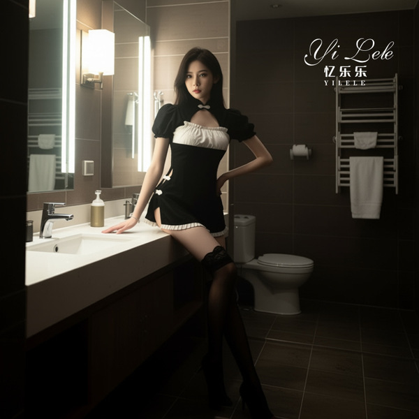 Yilele Sexy Lace Cheongsam Lingerie - Backless Sheer Satin Mini Dress with Ties, Seductive Uniform Style Outfit - Black + Black Fishnet Stockings