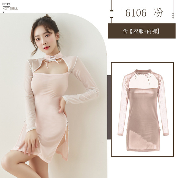 Yijin Sensual Sheer Split Cheongsam Dress Set - Elegant Erotic Costume for Women - pink