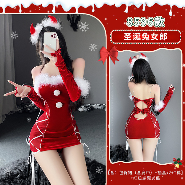 Mannyan New Year Lingerie Set - Pure & Tempting Sleep Dress, Sexy Uniform Style Christmas Costume Kit - 8596 [Bodycon Skirt (with straps) + 2 sleeves + T-shirt] + Headband