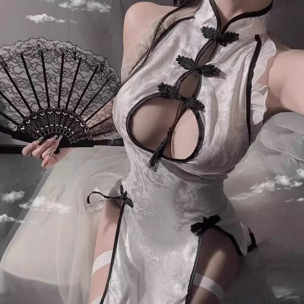 Meijia Ren Lingerie Set - Vintage Cheongsam Style Sheer Mesh Sexy Outfit, Pure & Tempting Costume