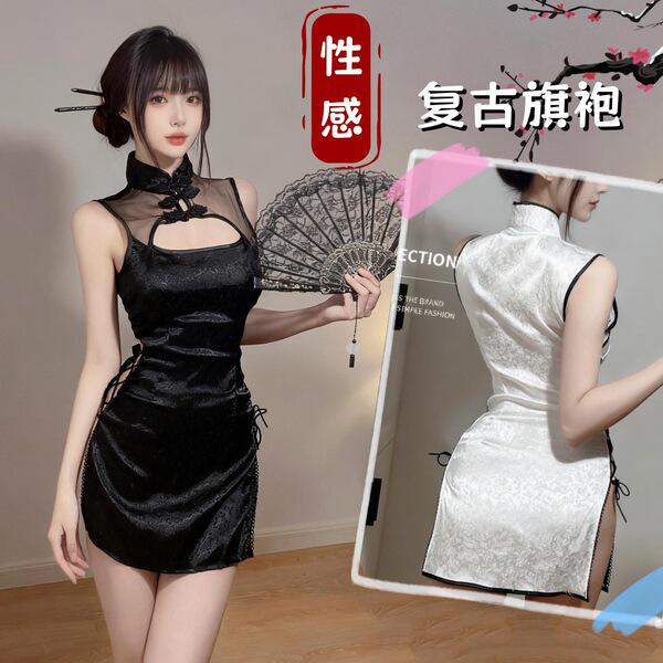 Retro Chinese Qipao Lingerie Set - Sexy High-Slit, Lace-Up, Sheer Bodysuit Sleepwear for Women