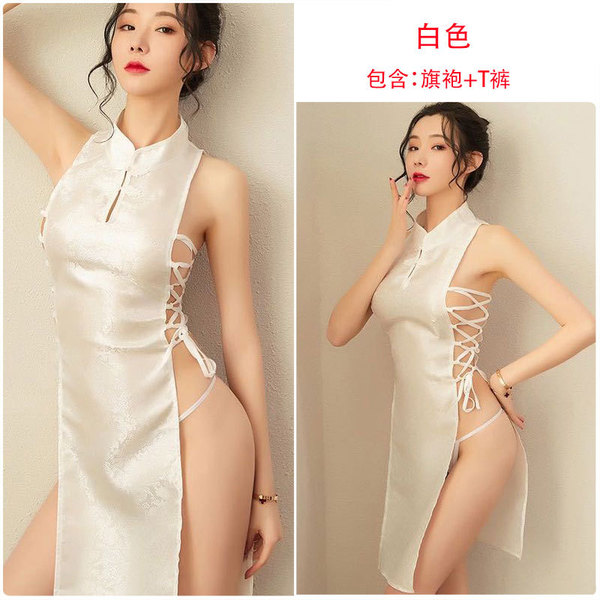 Seductive High-Slit Vintage Qipao Sleep Dress for Women – Sexy Lace-Trimmed Pure-Yu Style Evening & Date Outfit - White