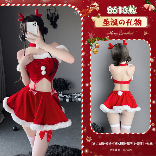 Mannyan New Year Lingerie Set - Pure & Tempting Sleep Dress, Sexy Uniform Style Christmas Costume Kit - 8613 [Headband + Neckband + Armband * 2 + Bra + Skirt + Thong] + Stockings
