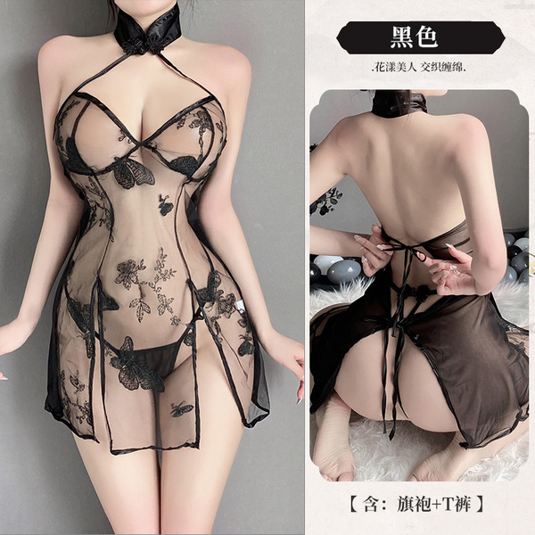 Seductive Chinese-Style Lingerie Set – Red Qipao-Inspired Sleepwear for Couples, Easy-On Romantic Nightwear - black
