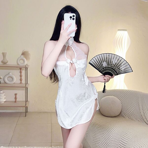 Lace-Trimmed Vintage Chinese Qipao Sleepwear Set - Sheer Alluring Lounge & Intimate Outfit - White