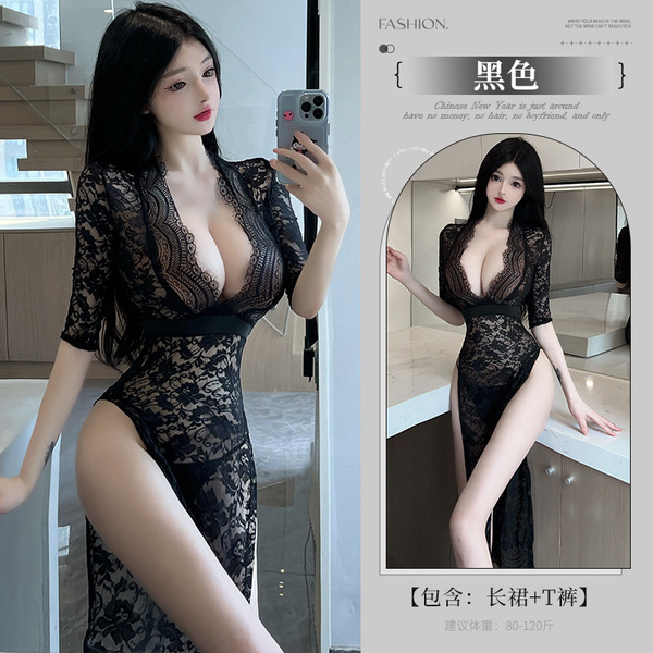 Sexy Lace Cheongsam-Inspired Sleepwear Set for Women – Seductive No-Remove Lingerie Pajama Outfit - Image color