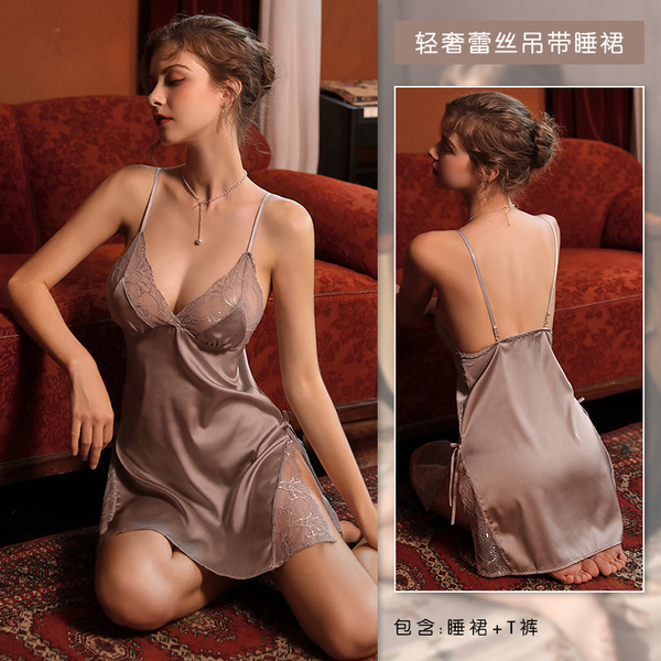 French Luxury Lace Sleep Set for Women – Sensual Deep V-Neck Split Nightgown & Matching Panty - grey