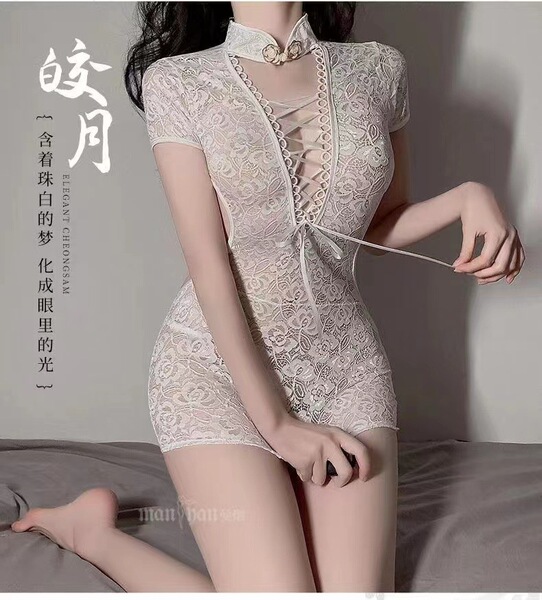 Women's Lace Cheongsam Costume - Seductive Silk-Feel Provocative Set for Intimate Moments - White + white stockings