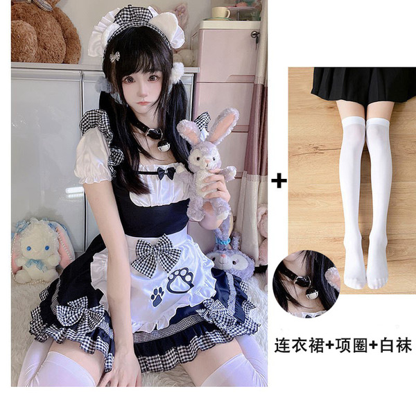 Japanese Maid Dress Cosplay Outfit - Sweet Cat Theme Lolita Dress for Girls & Anime Fans - 868 Black + Collar + White Socks