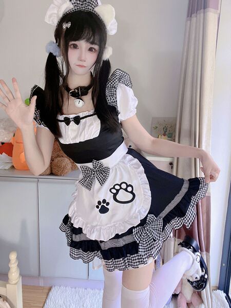 Japanese Maid Dress Cosplay Outfit - Sweet Cat Theme Lolita Dress for Girls & Anime Fans - 868 Black [Skirt + Apron + Bow 3 + Headpiece]