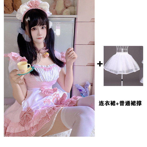 Japanese Maid Dress Cosplay Outfit - Sweet Cat Theme Lolita Dress for Girls & Anime Fans - 868 pink + petticoat + white stockings + choker
