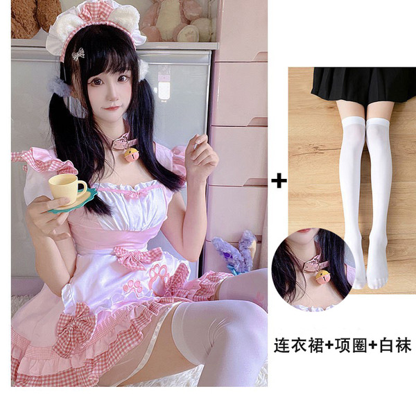 Japanese Maid Dress Cosplay Outfit - Sweet Cat Theme Lolita Dress for Girls & Anime Fans - 868 pink + collar + white socks