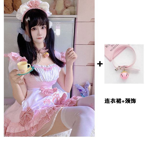 Japanese Maid Dress Cosplay Outfit - Sweet Cat Theme Lolita Dress for Girls & Anime Fans - 868 Pink + Pink Choker
