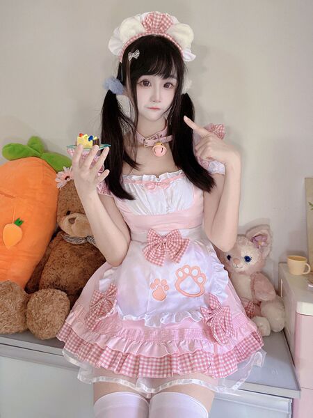 Japanese Maid Dress Cosplay Outfit - Sweet Cat Theme Lolita Dress for Girls & Anime Fans - 868 Pink [Dress + Apron + Bow 3 + Headpiece]