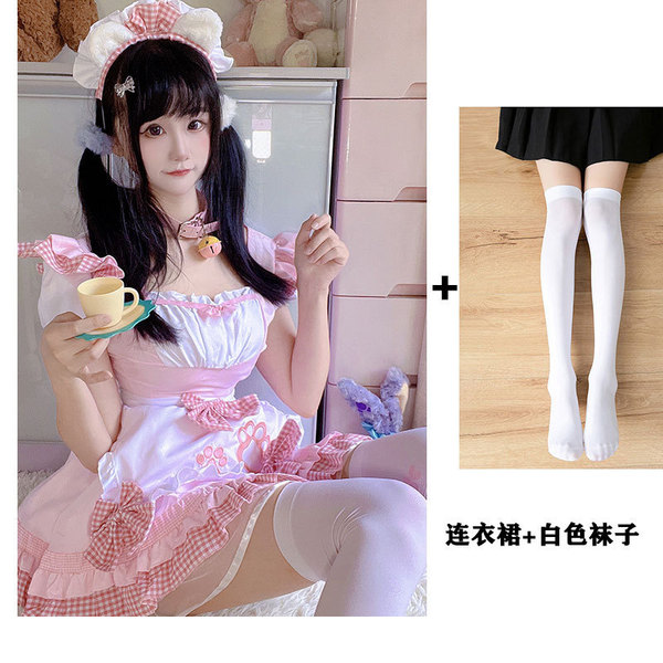 Japanese Maid Dress Cosplay Outfit - Sweet Cat Theme Lolita Dress for Girls & Anime Fans - 868 pink + white socks