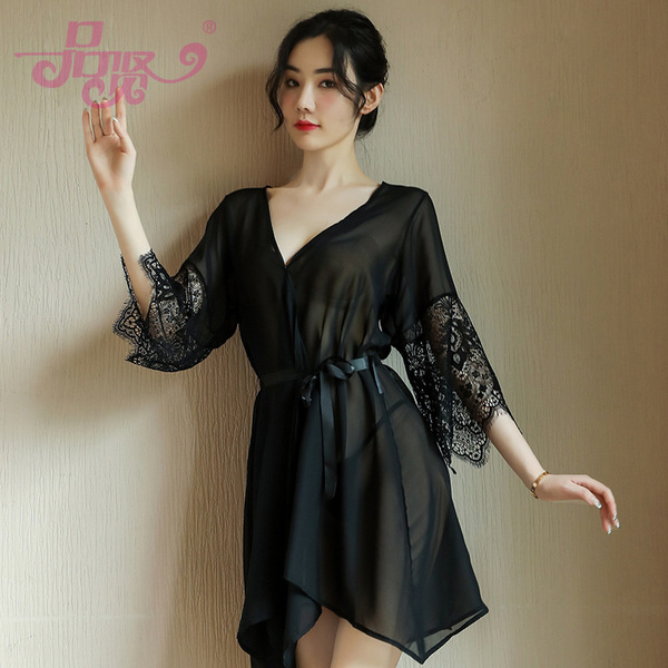 PX19158 Mesh Lace Sleeve Robe Set – Sheer Sexy Lounge Wear & Intimate Sleepwear Ensemble - black