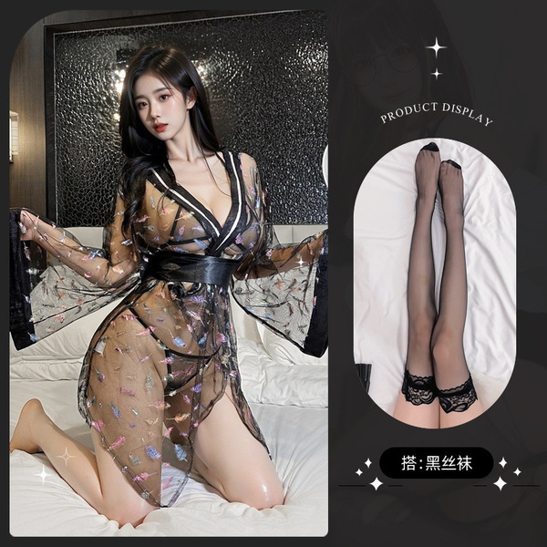 Lemon Story Lace Kimono Robe - Sexy Japanese-Inspired Sheer Sleepwear & Seductive Uniform Style Nightgown - 8685 Black + Black Stockings