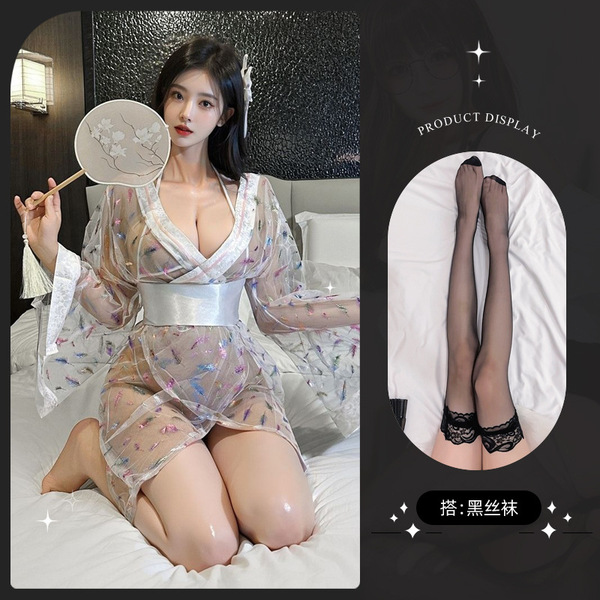 Lemon Story Lace Kimono Robe - Sexy Japanese-Inspired Sheer Sleepwear & Seductive Uniform Style Nightgown - 8685 White + Black Stockings