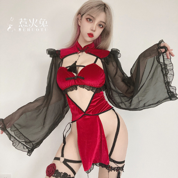 Dark Witch Lace Sleeve Cheongsam Set - Seductive Halloween Costume & Cosplay Lingerie Outfit - red