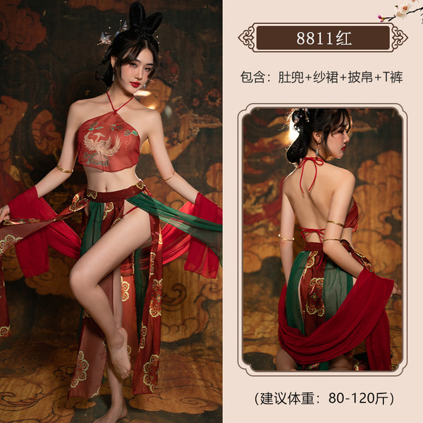 Vintage Chinese-Inspired Lingerie Set - Sheer Hanfu-Style Qipao Costume for Romantic Role Play - 8811