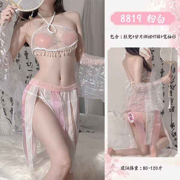 Vintage Chinese-Inspired Lingerie Set - Sheer Hanfu-Style Qipao Costume for Romantic Role Play - 8819