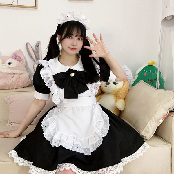 Japanese Cute Bunny Maid Cosplay Dress - Black & White Lolita Servant Outfit for Women - 882 Black [Skirt + Apron + Bow + Headpiece]
