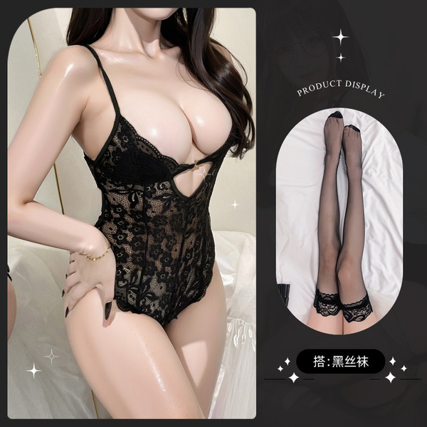 Lemon Story Sexy Sleepwear for Women - Backless Summer Lingerie, Push-Up Thin Bodysuit for Small Busts - 8842 Black + Black Stockings