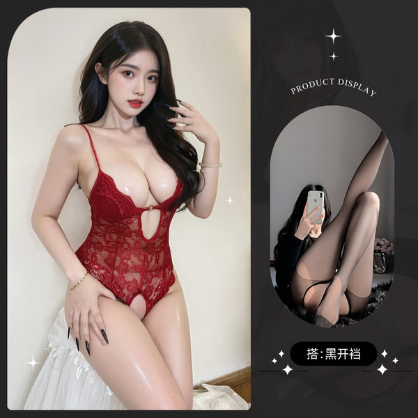 Lemon Story Sexy Sleepwear for Women - Backless Summer Lingerie, Push-Up Thin Bodysuit for Small Busts - 8842 Burgundy + Black Open Crotch Stockings