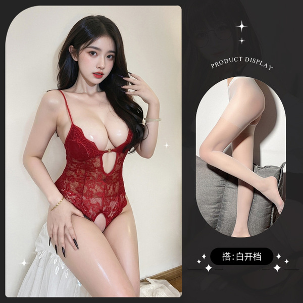 Lemon Story Sexy Sleepwear for Women - Backless Summer Lingerie, Push-Up Thin Bodysuit for Small Busts - 8842 Burgundy + White Open Crotch Socks