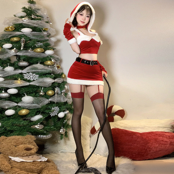 New Year Party Outfit - Sexy Busty Cosplay Costume, Tight Bodycon Mini Skirt for Nightclub & NYE Events - Onesie Christmas outfit + matching 8955 red-trimmed black stockings