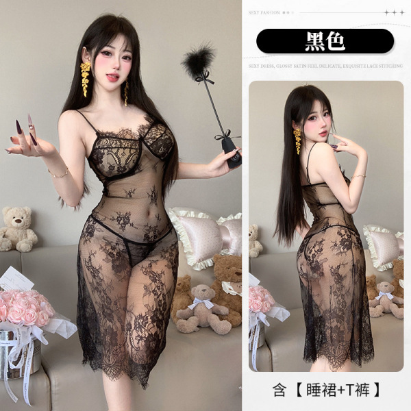 Sensual Lace Sleep Dress with Sheer Mesh & High Slit – Effortless Undress Design, Backless Nightgown for Women - black