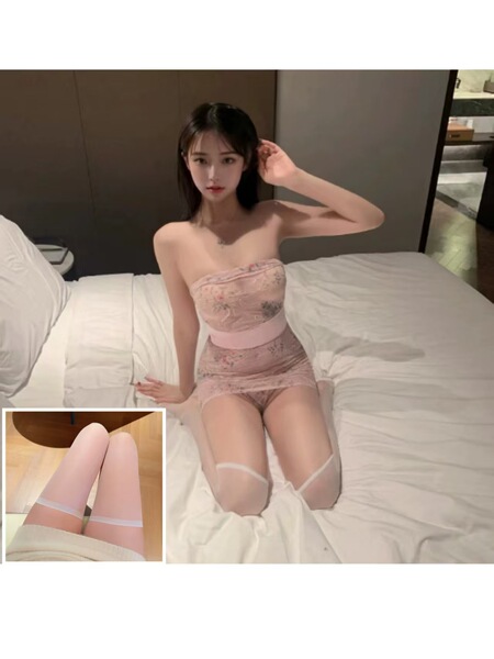 Pure & Alluring Lace Kimono Sleep Set - Sheer Floral Print Bralette & Bodycon Nightdress with Matching Robe - Light pink + 9030 white