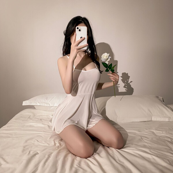 Seductive Lace Sleepwear for Women – Sexy Slip Dress, Pure Allure Bedroom Lingerie Set - White + 9030 White