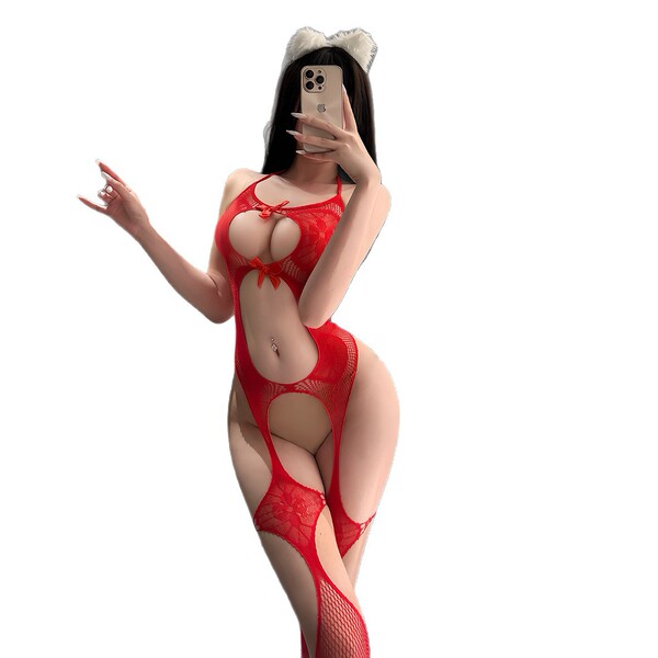 Woman modeling red night si ye se sheer mesh bodysuit with bow detail and open-crotch design, taking selfie.