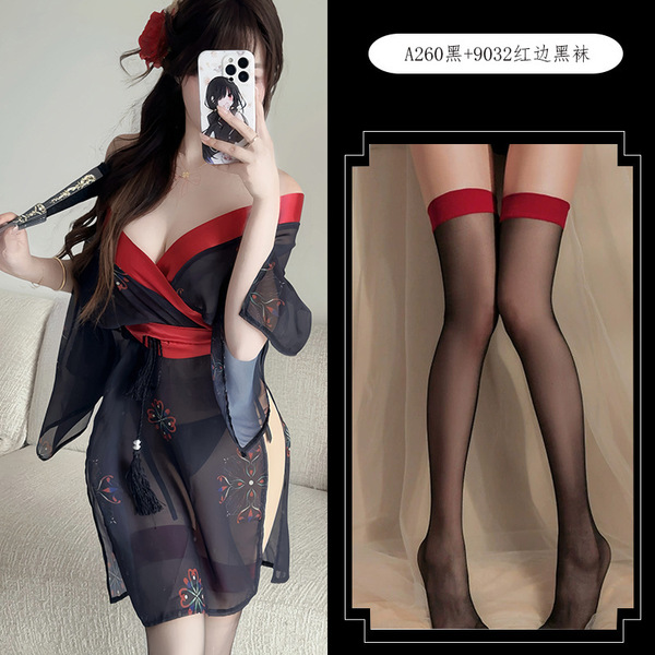 Japanese-Inspired Sexy Kimono Lingerie Set – Pure & Alluring No-Remove Sleepwear in Black A260 - Set + 9032 Red-edged Black Stockings
