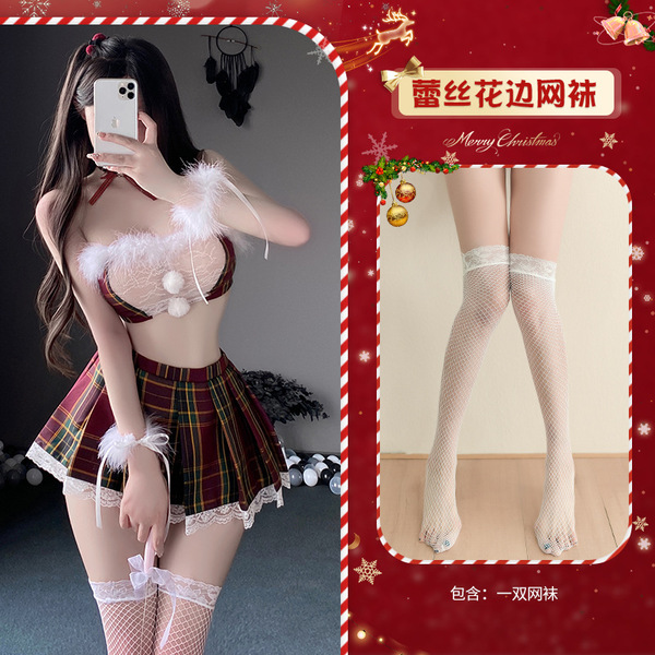 Manyan 2026 New Year Bunny Costume Mesh Bodysuit - Sexy Christmas Lingerie Set for Women - 9077 [Chestband + Bandeau Top + Pleated Skirt + 2 Bracelets + Thong] + Fishnet Stockings