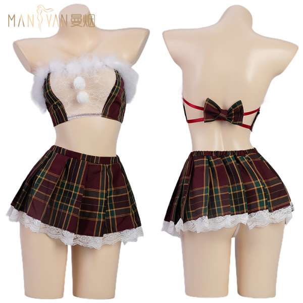 Mannyan sexy off-shoulder pleated jk skirt set - christmas student uniform outfit 9077, featuring a festive plaid design with...