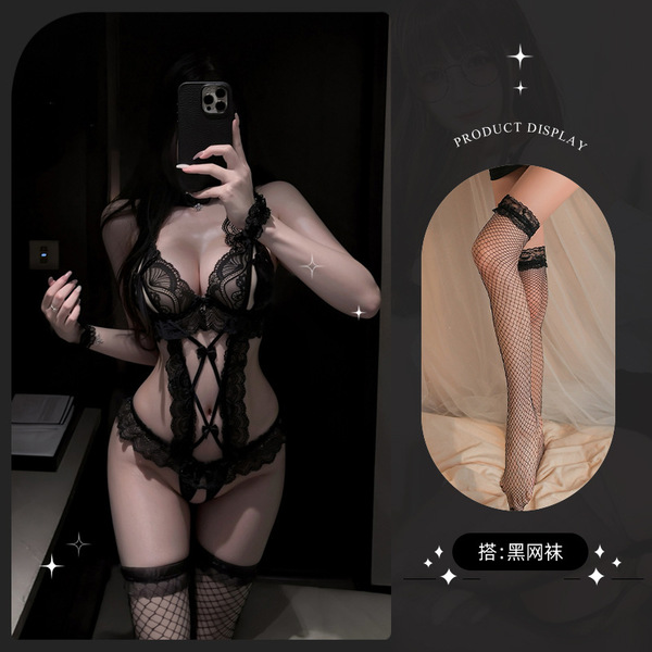 Lemon Story Sexy Lace Bodysuit - Seductive Sheer Open-Crotch Costume for Women, Pure & Tempting Lingerie - 9087 Black + Black Fishnet Stockings