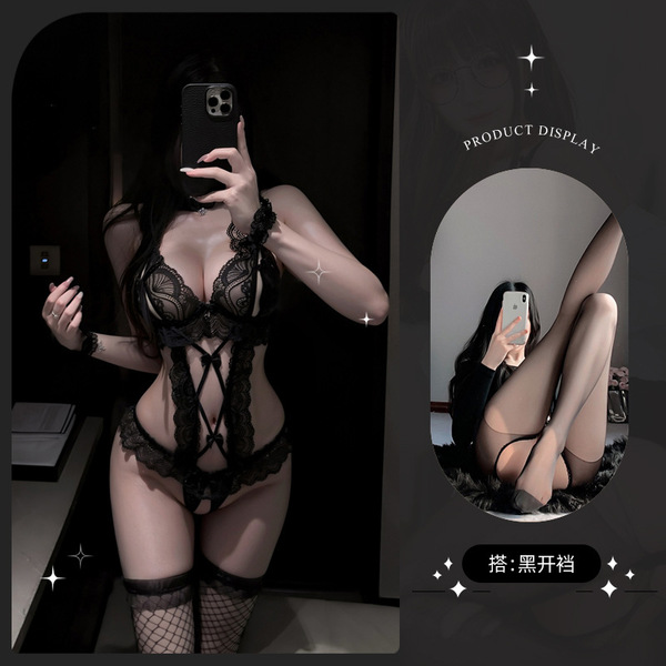 Lemon Story Sexy Lace Bodysuit - Seductive Sheer Open-Crotch Costume for Women, Pure & Tempting Lingerie - 9087 Black + Black Open Crotch Stockings + Black Eye Mask