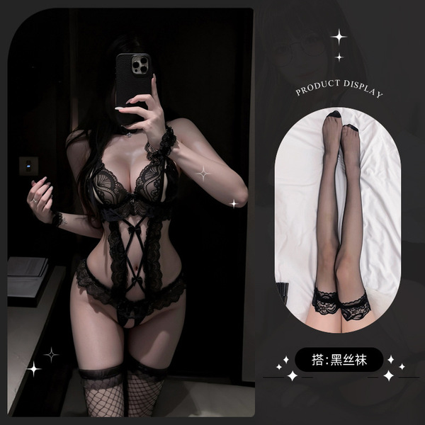 Lemon Story Sexy Lace Bodysuit - Seductive Sheer Open-Crotch Costume for Women, Pure & Tempting Lingerie - 9087 Black + Black Stockings + Black Eye Mask