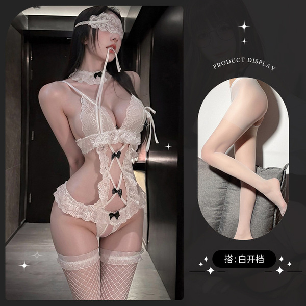 Lemon Story Sexy Lace Bodysuit - Seductive Sheer Open-Crotch Costume for Women, Pure & Tempting Lingerie - 9087 White + White Open Crotch Socks + White Eye Mask