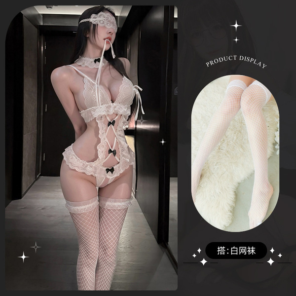 Lemon Story Sexy Lace Bodysuit - Seductive Sheer Open-Crotch Costume for Women, Pure & Tempting Lingerie - 9087 White + White Fishnet Stockings