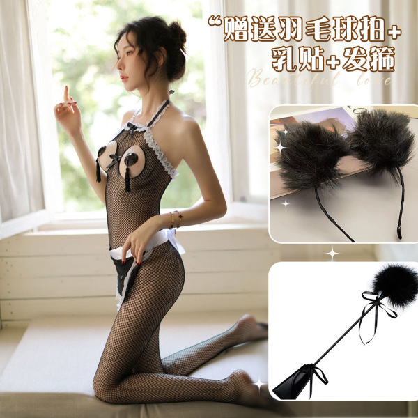 Sensual Sheer Mesh Bodysuit - Backless Neck-Hanging Transparent Sleepwear for Women - Mesh outfit set + 910 + 622 black + 179 black
