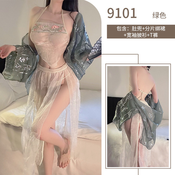 Misty Romance Chinese New Year Lingerie Set - Sheer Vintage-Inspired Bedroom Sleep Dress, No-Remove Seductive Nightwear - 9101-Green