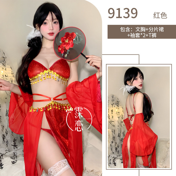 Misty Romance Chinese New Year Lingerie Set - Sheer Vintage-Inspired Bedroom Sleep Dress, No-Remove Seductive Nightwear - 9139-Red